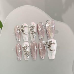 Summer Handmade Press On Nails, High-End Purple Rainbow Cat-Eye Press On Nails, Star Moon False Nails, Almond Press On Nails, Wedding Nails