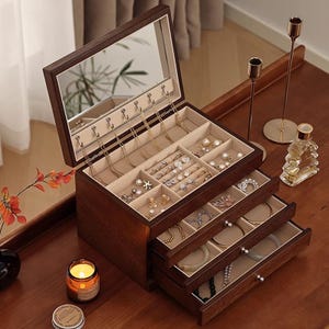 Boîte à bijoux avec 4 tiroirs, boîte à bijoux en bois avec miroir, boîte à bijoux pour femme, boîte de rangement pour boucle d'oreille, bracelet, montre, collier bague
