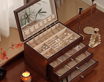 Jewelry box with 4 drawers, wooden jewelry box with mirror, jewelry box for women, storage box for earring, bracelet, watche, necklace ring
