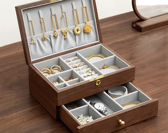 Zwarte walnoothouten sieradendoos, dubbellaagse sieraden opbergdoos met slot, ketting oorbel ring horloge opbergdoos, cadeau voor haar, verjaardagscadeau