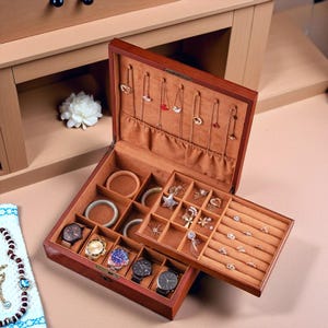 Boîte à bijoux personnalisée en bois, boîte à bijoux avec serrure, lunettes, bracelet, boucle d'oreille, bague, collier, boîte de rangement pour bijoux, cadeau d'anniversaire