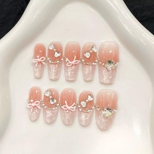 Pink Bow Press On Nails, Gandmade Press On Nails, Removable Nails, Gel Nails, False Nails,Romantic Nails,Holiday Nails,Summer Press On Nails