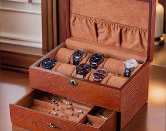 Double-Layer Wooden Jewelry Box, Glasses Watche Earring Necklace Bracelet Ring Storage Box, Lockable Jewelry Box, Gift For Mom,Birthday Gift