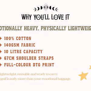 May include: A product information graphic with black and brown text on a light background. It lists specifications: 100% cotton, 140gsm fabric, 10 liter capacity, 67cm shoulder straps, and full-color DTG print. Includes the text Why You'll Love It.
