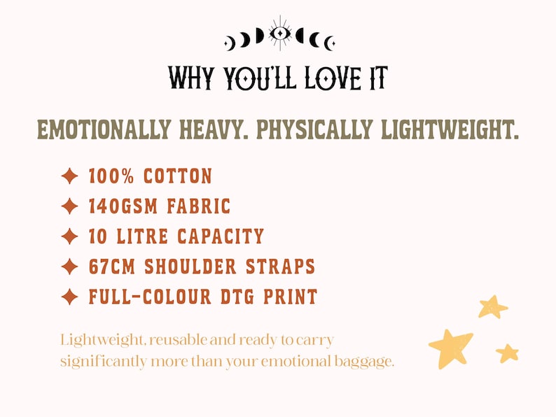 May include: A product information graphic with black and brown text on a light background. It lists specifications: 100% cotton, 140gsm fabric, 10 liter capacity, 67cm shoulder straps, and full-color DTG print. Includes the text Why You'll Love It.