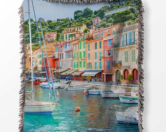 French Riviera Woven Blanket: Côte d'Azur Sailing Gift