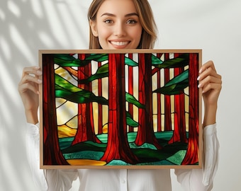 Redwood National Park Stained Glass on High-Quality Museum Grade Satin Finish Poster Paper, Hang Alone or Frame, Beautiful Nature Lover Gift