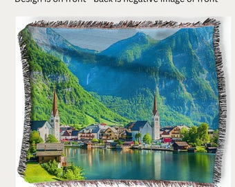 Hallstatt Austria Alpine Village Hand Woven Throw Rug Avail in 3 Sizes, European Vacation Gift, Traveler Gift