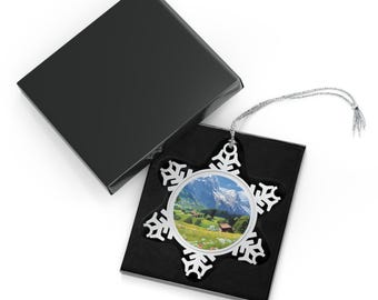 Swiss Alps Pewter Snowflake Ornament: Lucerne Switzerland Souvenir