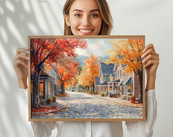 New England in Autumn Charming Village Watercolor Scene on High-Quality Museum Grade Satin Poster Paper, Hung alone or Framed, Autumn Gift