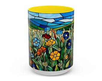 Stained Glass Image of Flowers & Mountains 15oz Ceramic Mug, Beautiful Gift for Flower and Nature Lover, Floral Mug, Flower Lover Gift Mug