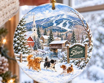 Stowe Vermont in Winter Ceramic Ornament, vVermont Christmas Gift, Vermont Travel Ornament, Vermont Winter Vacation Gift, Stowe Vermont Gift