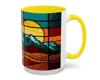 Stained Glass Mountain Sunset Mug - 15oz Ceramic Coffee Mug