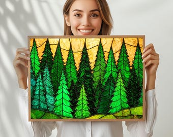 Evergreen Trees Stained Glass Design on High-Quality Museum Grade Satin Poster Paper, Hung alone or Framed, Nature Lover Wall Hanging Gift