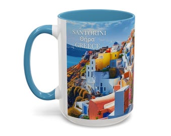 Santorini Greece 15oz Ceramic Vacation Gift Mug Wrap Around Design Greek Island Travel Gift, Greece Travel Gift, Santorini Holiday Souvenir