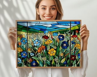 Beautiful Flower and Mountain Lover Stained Glass Design on Museum Grade Satin Poster, Flower Lover Wall Hanging Gift, Hung Alone or Framed