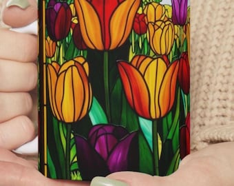Tulips and Trees And Grass Stained Glass Gift Mug, 11oz Ceramic Mug, Tulip Lover, Nature Lover, Gift Mug, Mom Gift, Grandma Gift , Vista Mug