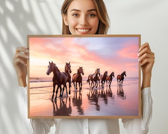 Horses Running on Beach at Sunset Wall Hanging on High-Quality Museum Grade Satin Poster Hung alone or Framed, Horse Lover Art, Animal Lover