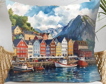 Bergen Norway Decorative Throw Pillow, Traveler Gift, Design Front & Back, Avail 4 sizes