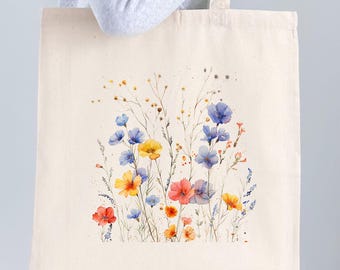 Wildflower Springtime Canvas Tote Bag: Floral Book Bag Gift