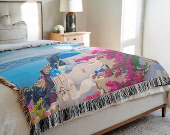 Santorini Greece with Blue Aegean Sea Woven Throw Blanket, Greece Vacation Souvenir Gift, Greek Island Blanket Avail 3 Sizes