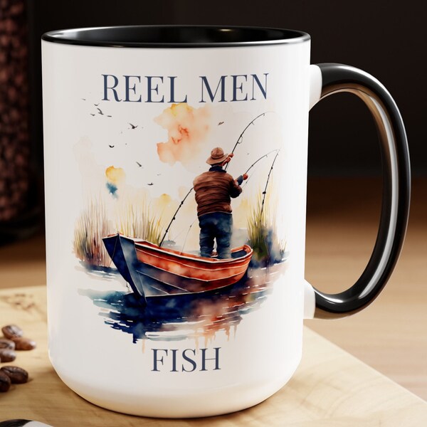 Reel Men Fish Gift for Dad 15oz Ceramic 2-Tone Mug for Fishing Lover, Gift for Fishermen, Gift for Grandpa's who Fish, Fishing Trip Gift Mug