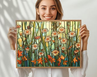 Stained Glass Floral Design Wall Hanging 20x30 High-Quality Museum Grade Poster, Can Be Hung Alone Or Framed Flower Lover Gift, Gardner Gift