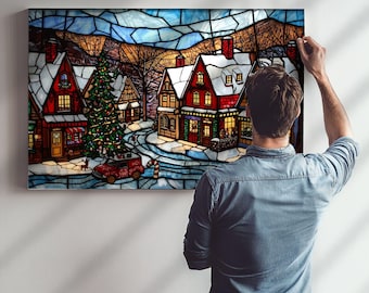 Christmas Village Wall Hanging Decoration, Stained Glass Design on High-Quality Museum Grade Poster, Hung Alone or Framed, Christmas Gift