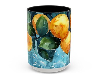 Amalfi Coast Lemons Watercolor Mug: 15 Oz Ceramic Italy Gift