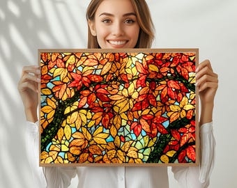 Autumn Leaves Stained Glass Design on High-Quality Museum Grade Satin Poster Paper, Hung Alone or Framed Fall Lover Autumn Wall Hanging Gift