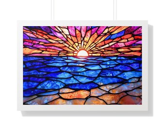 Framed Stained Glass Sunset Design Archive Worthy Paper, Choice White, Black or Brown, Sunset Lover Gift, House Warming Gift, FREE SHIPPING