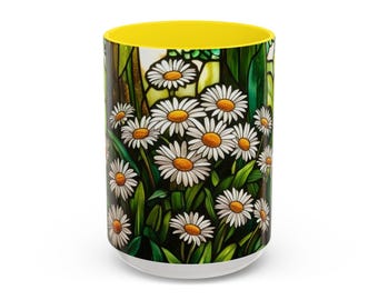 2-Tone 15oz Ceramic Gift Mug, Stained Glass White Daisys, Stained Glass Lover Gift, Art Lover Mug Gift, Stained Glass Nature Lover Gift Mug
