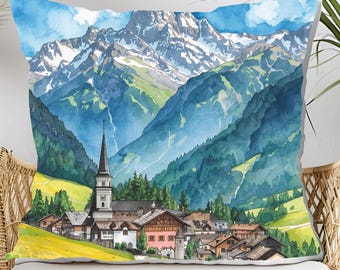 Alpine Village in Swiss Alps Decorative Throw Pillows, Traveler Gift, Design Front & Back, Avail 4 sizes