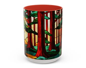Redwood National Park Trees in Stained Glass Design Gift Mug, Two-Tone Ceramic 15oz Redwood Tree Mug, Outdoors Lover, National Park Gift Mug