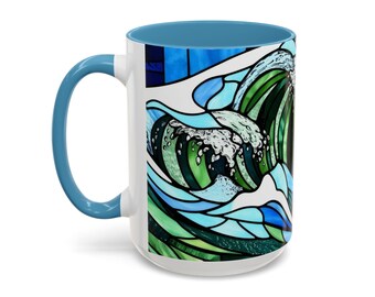 Blue Wave Stained Glass Design Ceramic Coffee Mug Gift for Beach Lover, Surfer Coffee Mug Gift, Wave Lover Gift, Ocean Lover Mug, Artsy Mug