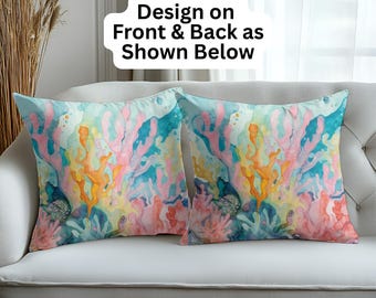 Coral Reef Pastel Decorative Throw Pillow, Housewarming Gift, Design Front & Back, Avail 4 sizes