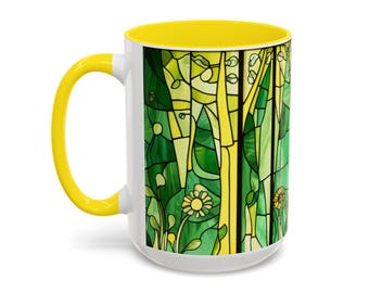 Stained Glass Trees & Flowers Mug: Two-Tone Ceramic 15 oz mug, Art Lover Gift Outdoor Lover, Tree and Flower Stained Glass Art Image, Gift