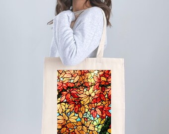 Stained Glass Autumn Leaves Book Bag: Cotton Canvas Tote