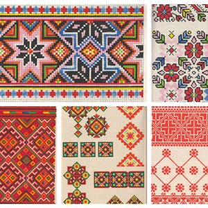 May include: Six different cross-stitch patterns with geometric and floral designs. The patterns are in various colors, including red, blue, green, yellow, and white.
