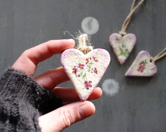 Purple FlowersHeart Set Rustic Favors Boho Wedding Home decor Baby shower Christmas tree ornament Salt dough