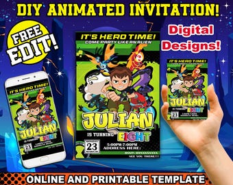 ben10 Birthday party, alien invitation card, toddler 1st birthday flyer, hero theme for kids party, editable cards for birthday, green party