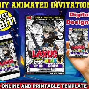 Convite de aniversário com tema de anime, cartão de convite de herói para impressão, folheto de aniversário de 1 ano para criança, tema de anime para festa infantil, festa de design de mangá