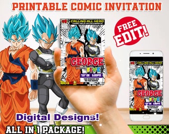 DBZ birthday invitation, Anime party theme invitation, Manga design party template, SSJ birthday, DIY birthday invitation, boy anime invi