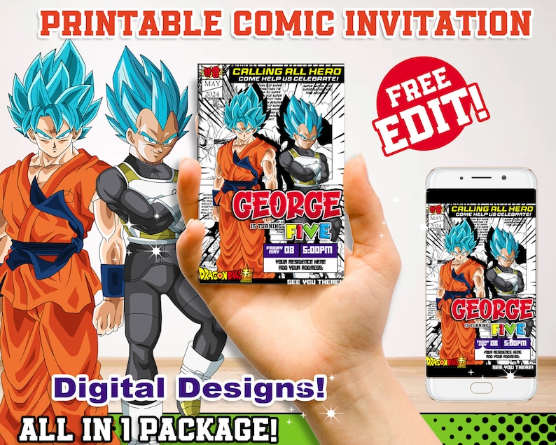Puede incluir: Invitaci&oacute;n de cumplea&ntilde;os imprimible de estilo c&oacute;mic con un personaje de dibujos animados azul y naranja. La invitaci&oacute;n dice "George cumple cinco a&ntilde;os" e incluye la fecha y la hora de la fiesta. La invitaci&oacute;n es gratuita para editar.