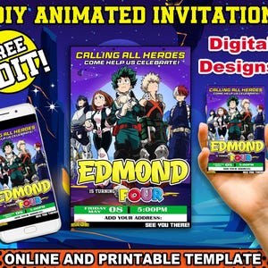 My Hero Thema Geburtstagseinladung, druckbare Party Einladung, Anime Thema Party, DIY Geburtstagseinladung, Junge druckbare Einladung, Deku