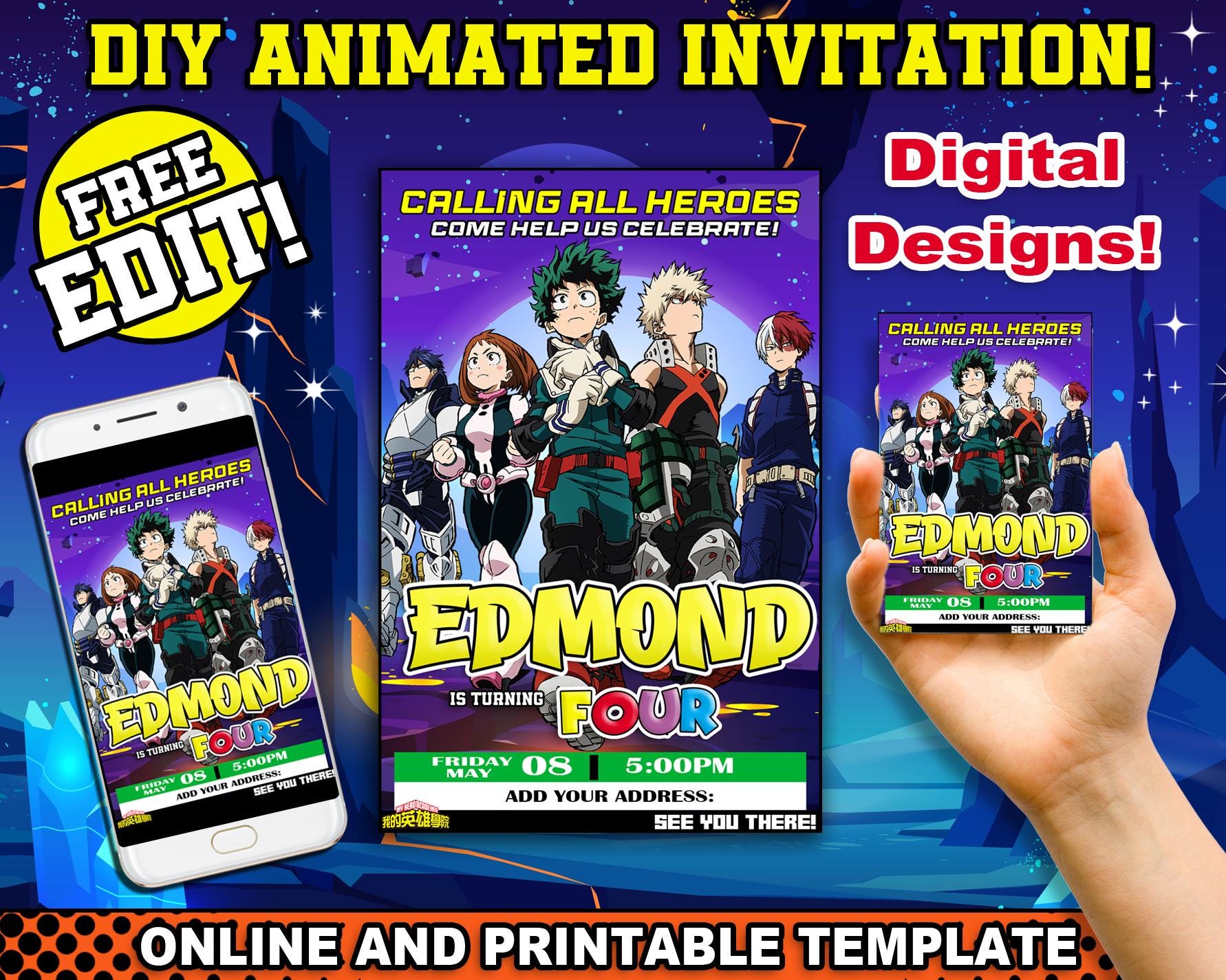 My Hero theme Birthday Invitation, Printable Party invitation, Anime theme Party, DIY Birthday invitation, Boy Printable Invitation, Deku