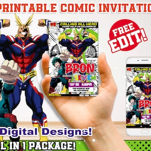 My Hero theme Birthday Invitation, Printable Party invitation, Manga theme Party, DIY Birthday invitation, Boy Printable Invitation, Deku