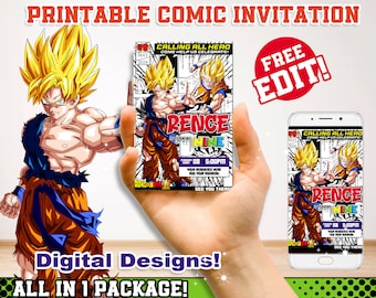 DBZ, manga theme Printable anime birthday invitation, birthday invitation, Digital party printables, manga design, ssj design, anime theme