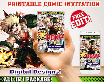 Invitación con temática de anime My Hero Academia, invitación imprimible con temática de manga, invitación imprimible DIY, invitación para fiesta de niño, fiesta con temática de anime