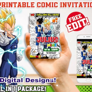 Printable anime invitation,  manga theme birthday party invitation, boy invitation theme, Online Invitation, Ssj Design, manga design,